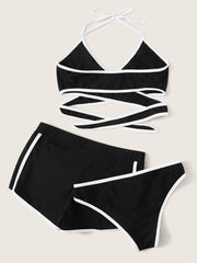 3 in 1 Contrast Binding Bikini Swimsuit With Shorts