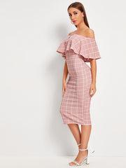 Off Shoulder Foldover Grid Dress
