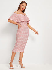 Off Shoulder Foldover Grid Dress