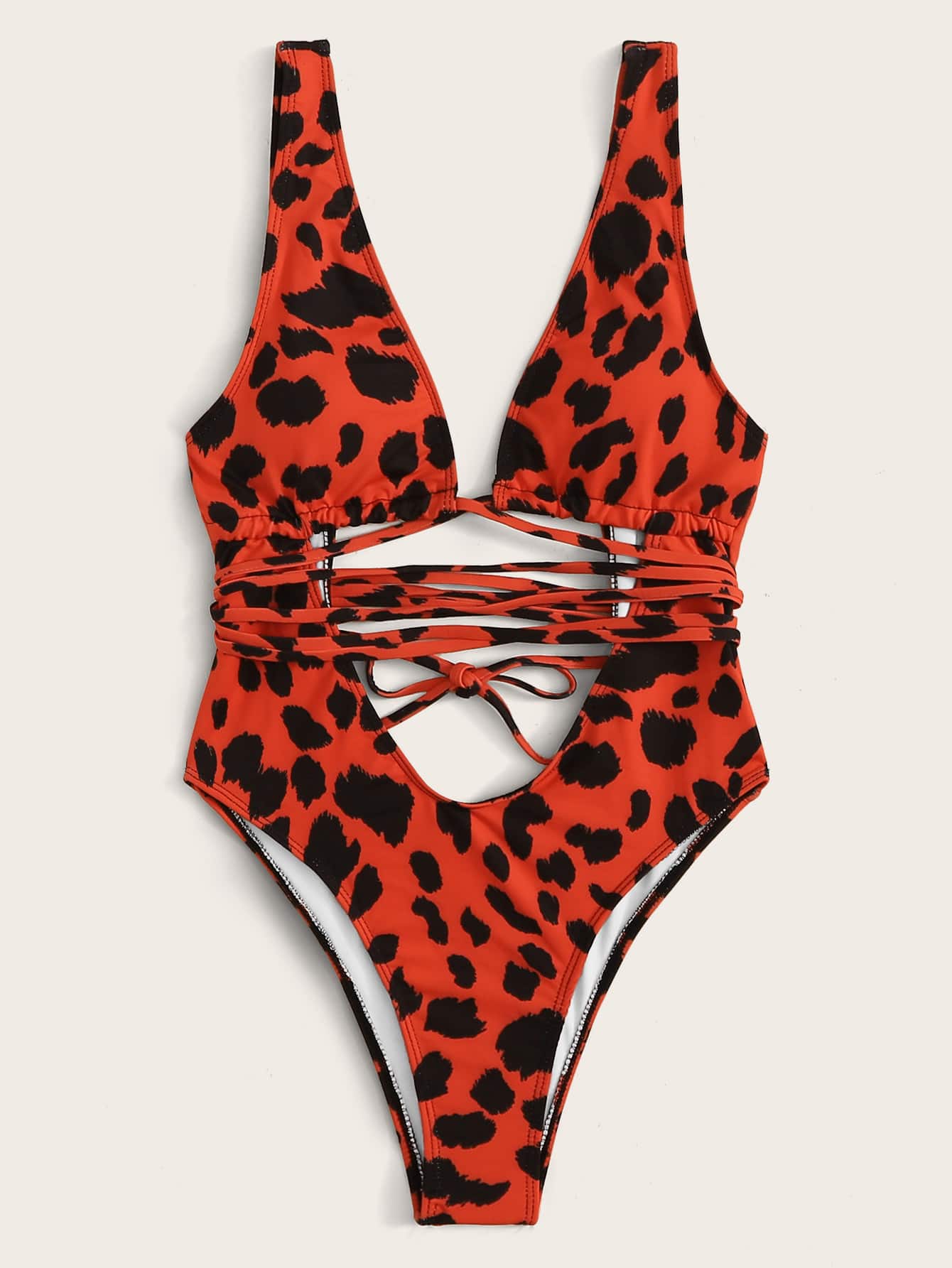 Leopard Plunge Neck One Piece Swimsuit