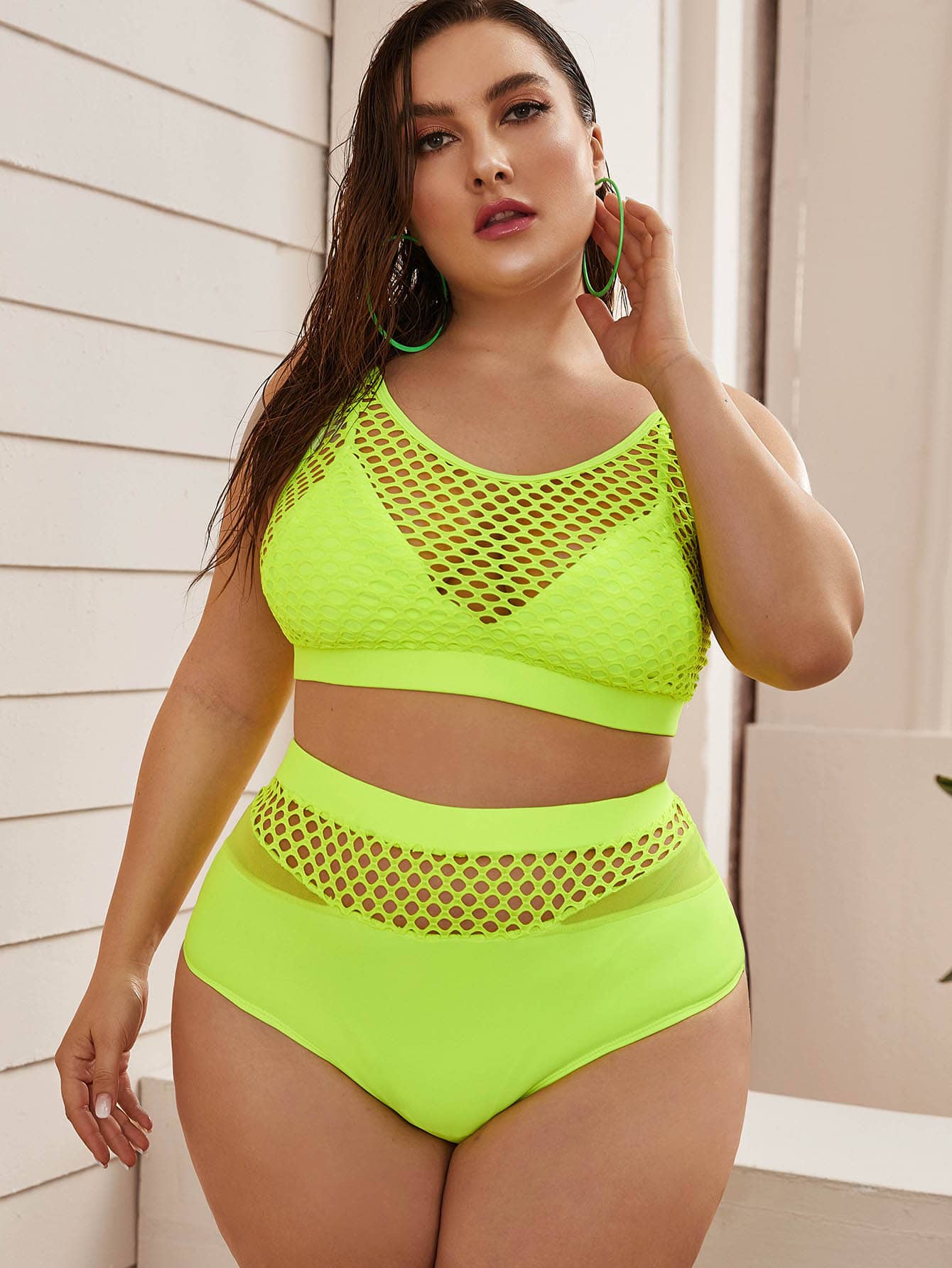 Plus Size Contrast Fishnet Bikini Swimsuit