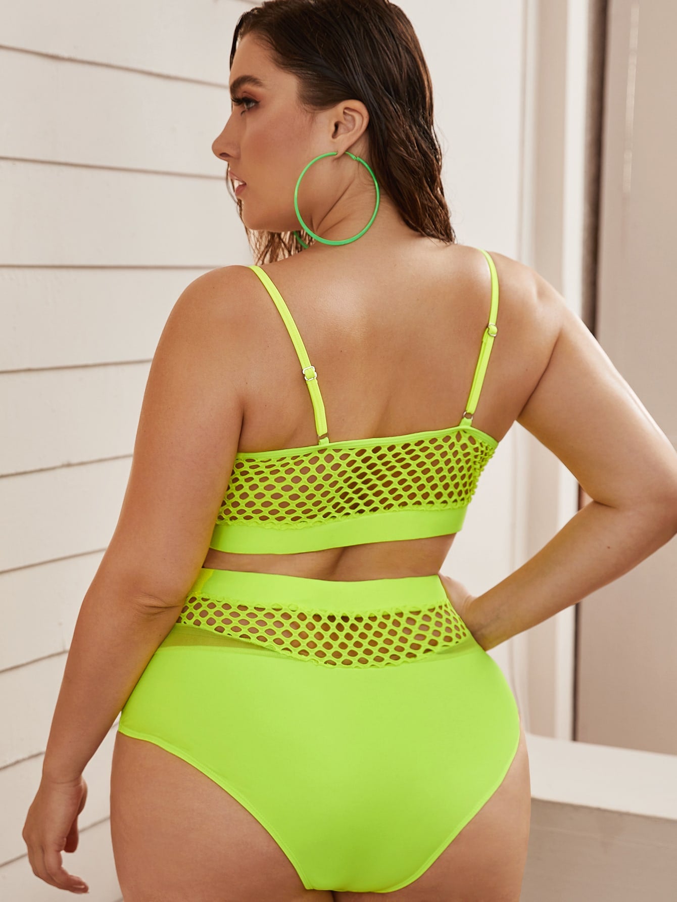Plus Size Neon Green Fishnet High Waisted Bikini Swimsuit – Leaky