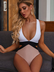 Color Block Plunging One Piece Swimsuit