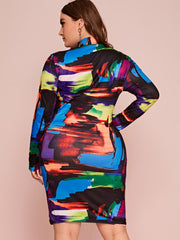 Plus Size Brush Stroke Print Bodycon Dress