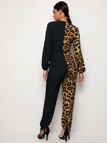 Bishop Sleeve Color Block Leopard Jumpsuit
