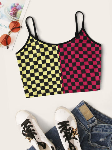 Colorblock Checkered Crop Cami Top