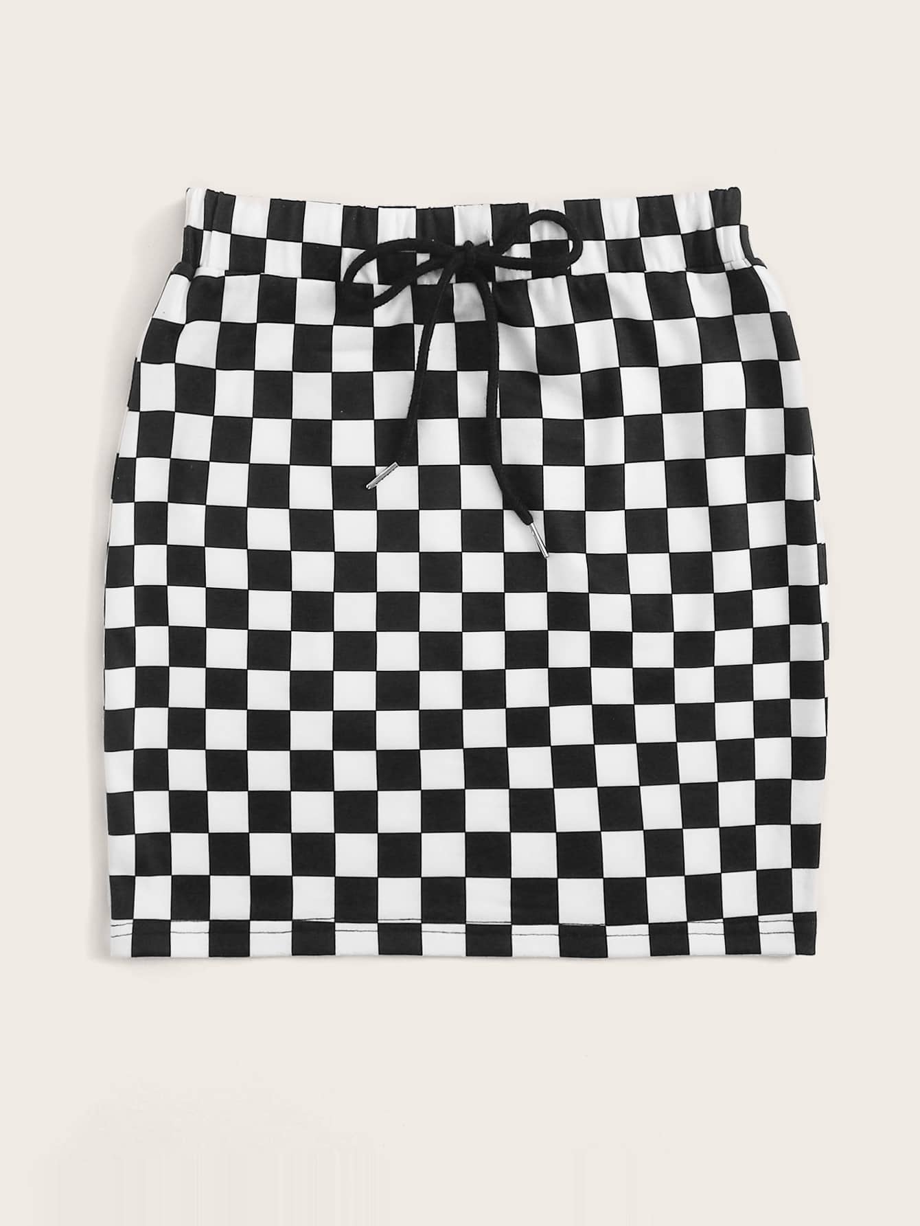 Drawstring Waist Checkered Skirt