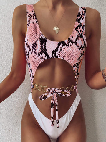Snakeskin Cut-out Front One Piece Swimsuit