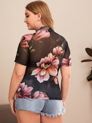Plus Size Mock-neck Floral Mesh Top Without Bra