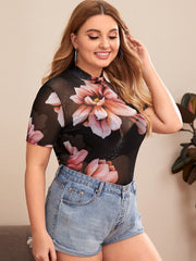 Plus Size Mock-neck Floral Mesh Top Without Bra
