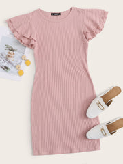 Layered Flutter Sleeve Rib-knit Dress