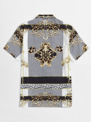 Notch Collar Striped & Baroque Print Shirt