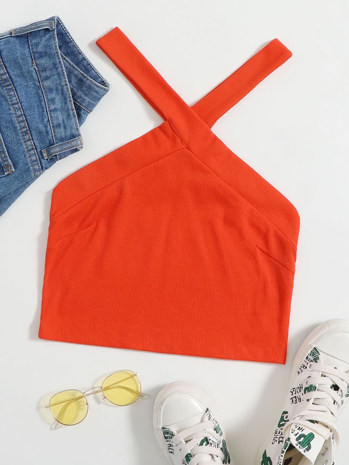 Ribbed Crisscross Cropped Halter Top