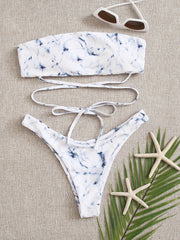 Marble Pattern Bandeau High Cut Bikini Swimsuit