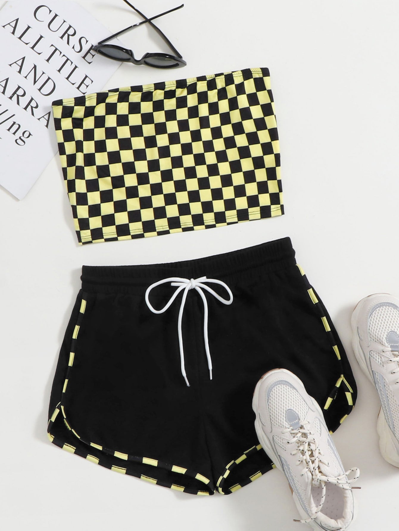 Checked Bandeau Top & Dolphin Shorts Set