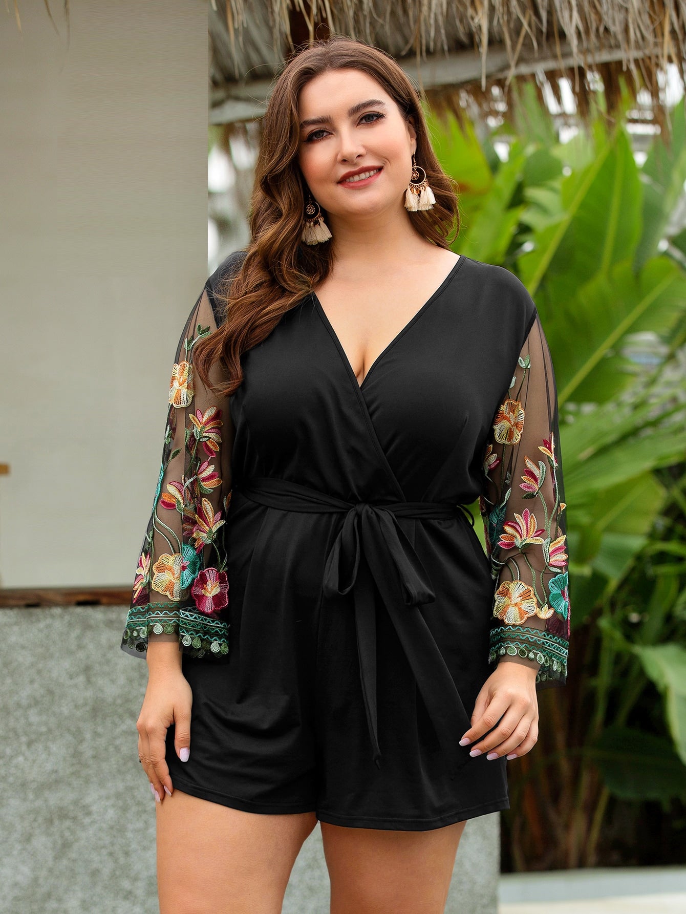 Plus Size Contrast Embroidered Mesh Belted Romper