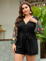 Plus Size Contrast Embroidered Mesh Belted Romper