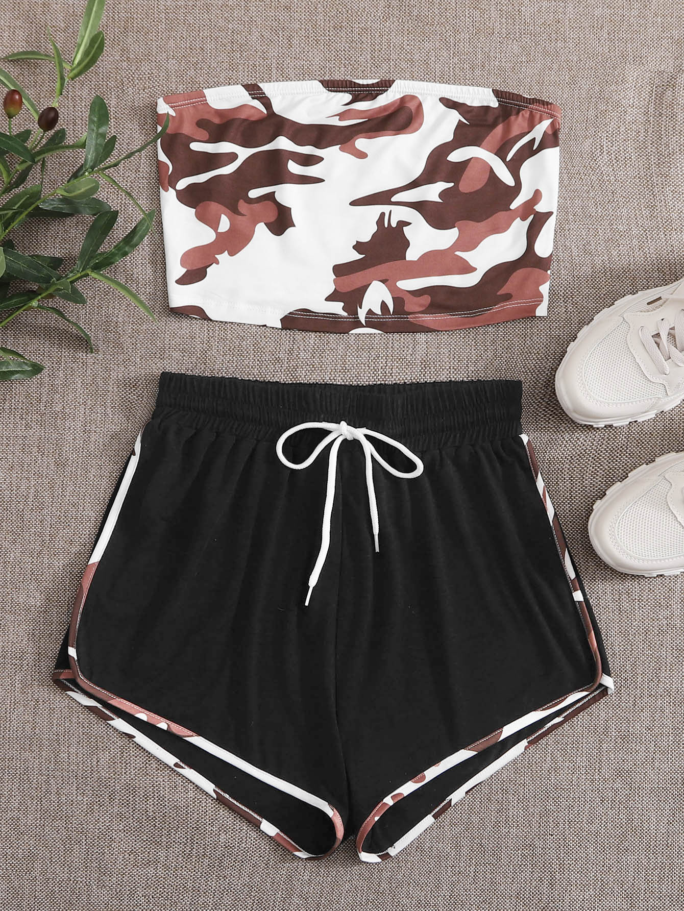 Camo Bandeau With Contrast Binding Track Shorts