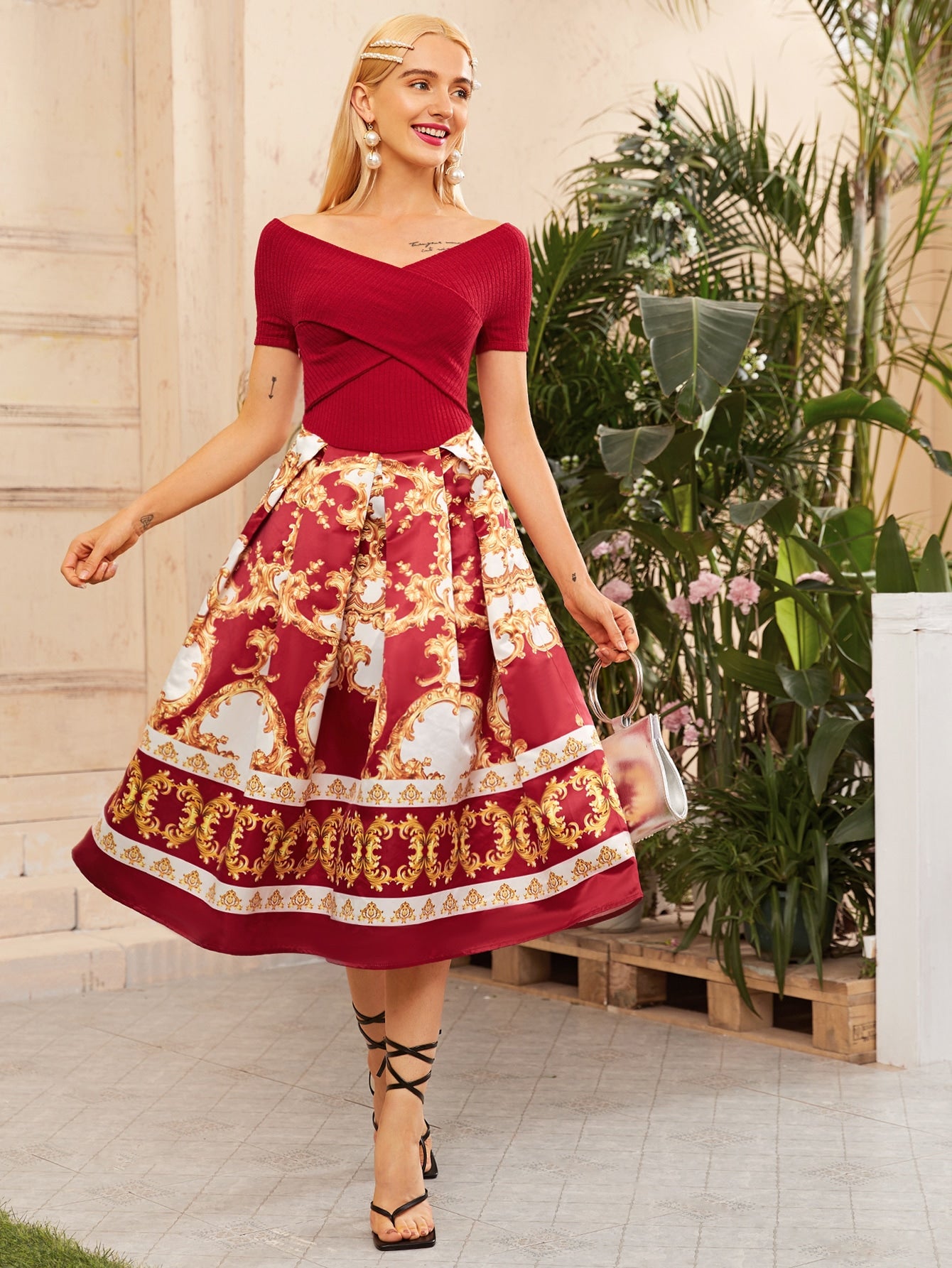 Off Shoulder Rib-knit Cross Wrap Baroque Combo Dress – Leaky Fashion