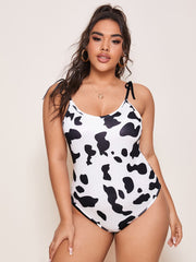 Plus Size Cow Print Tie Shoulder Backless Cami Bodysuit