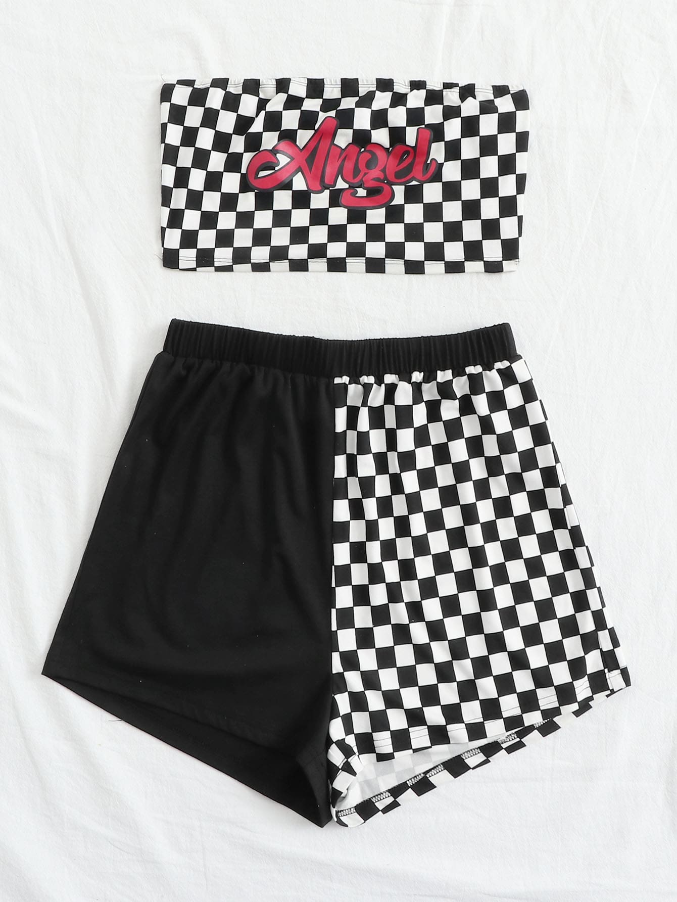 Angel Checkered Tube Top & Spliced Shorts Set