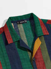 Notch Collar Striped Colorblock Shirt