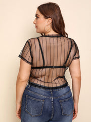 Plus Size Sheer Striped Mesh Top Without Bra