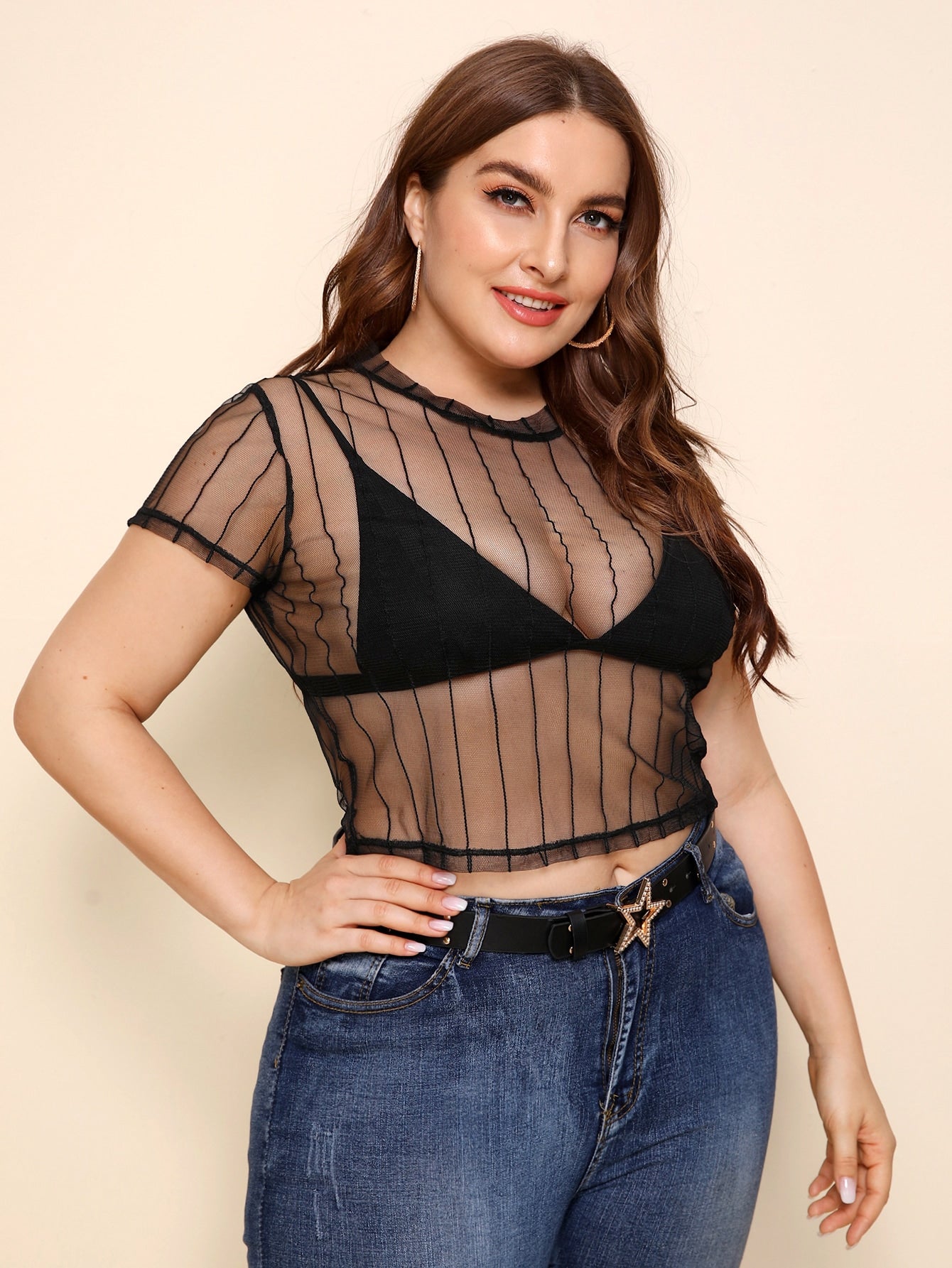 Plus Size Sheer Striped Mesh Top Without Bra