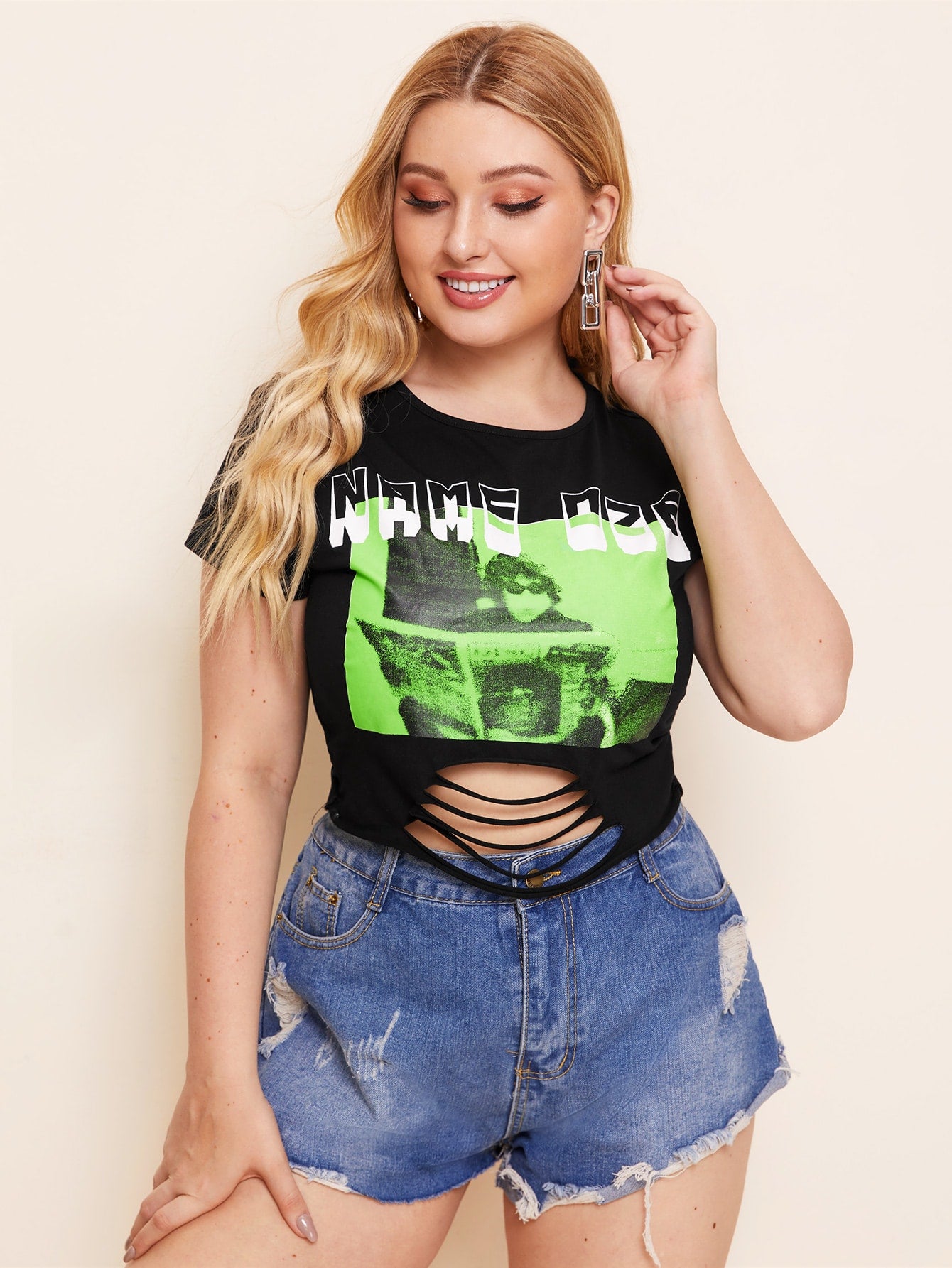 Plus Size Laddering Strap Graphic Tee