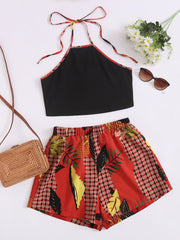Tie Back Halter Top & Leaf And Plaid Print Shorts