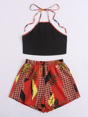 Tie Back Halter Top & Leaf And Plaid Print Shorts