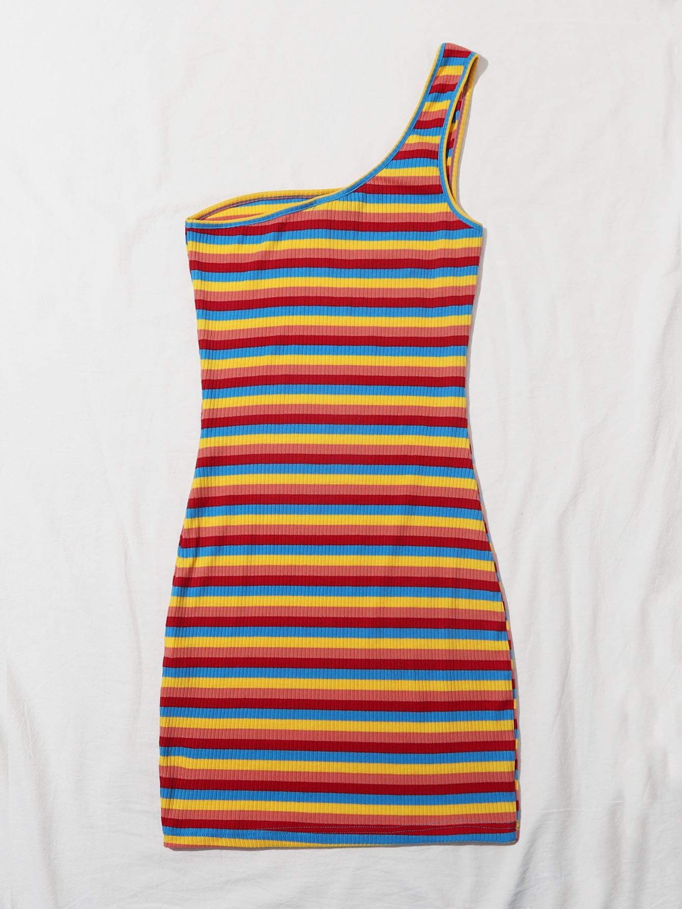 One Shoulder Rainbow Striped Dress