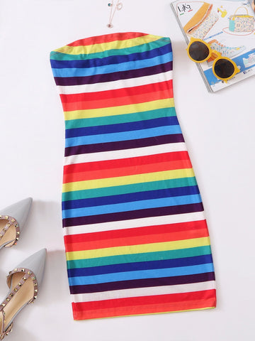 Rainbow Striped Rib-knit Tube Bodycon Dress