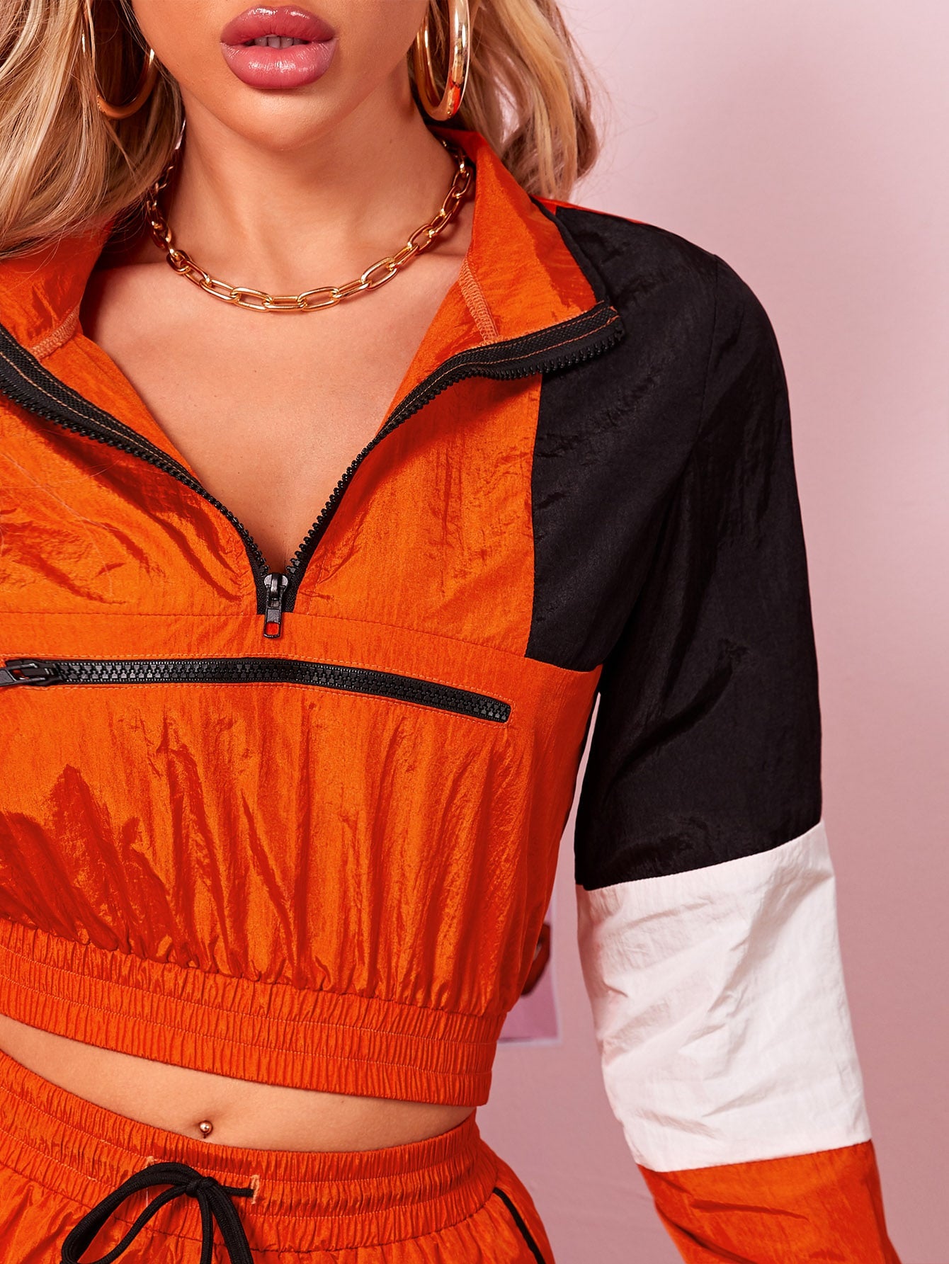 Neon Orange Zip Front Color Block Top & Drawstring Waist Shorts Set