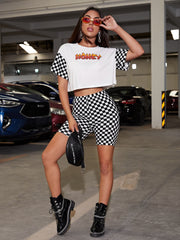 Letter and Checkered Crop Tee and Biker Shorts Set