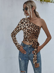 One Shoulder Leopard Print Knot Side Crop Top