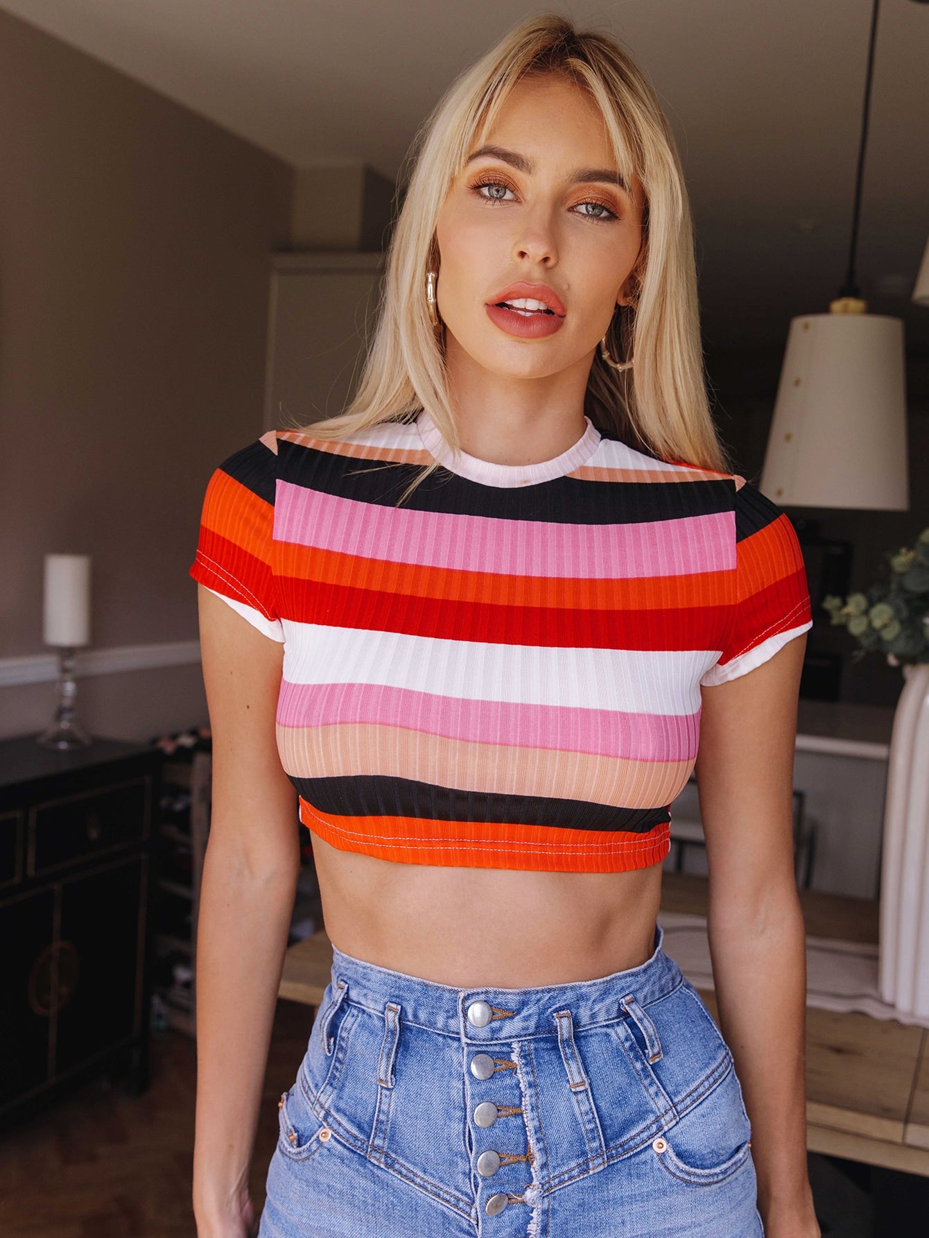 Cap Sleeve Colorful Striped Crop Top