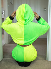 Neon Spliced Letter Graphic Drawstring Hooded Top & Joggers Set