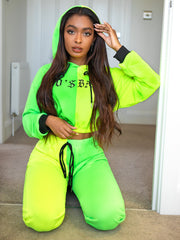 Neon Spliced Letter Graphic Drawstring Hooded Top & Joggers Set
