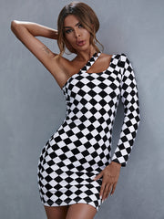 Cutout Detail One Shoulder Checkered Dress