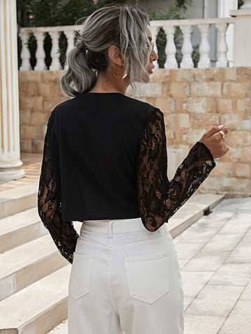 Contrast Lace Sleeve Open Front Jacket