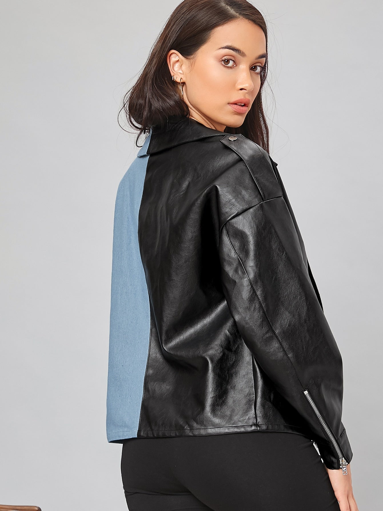 Notched Collar Zip Up Spliced PU Leather Jacket