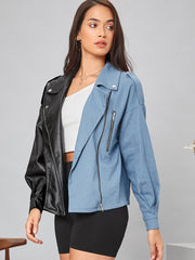 Notched Collar Zip Up Spliced PU Leather Jacket